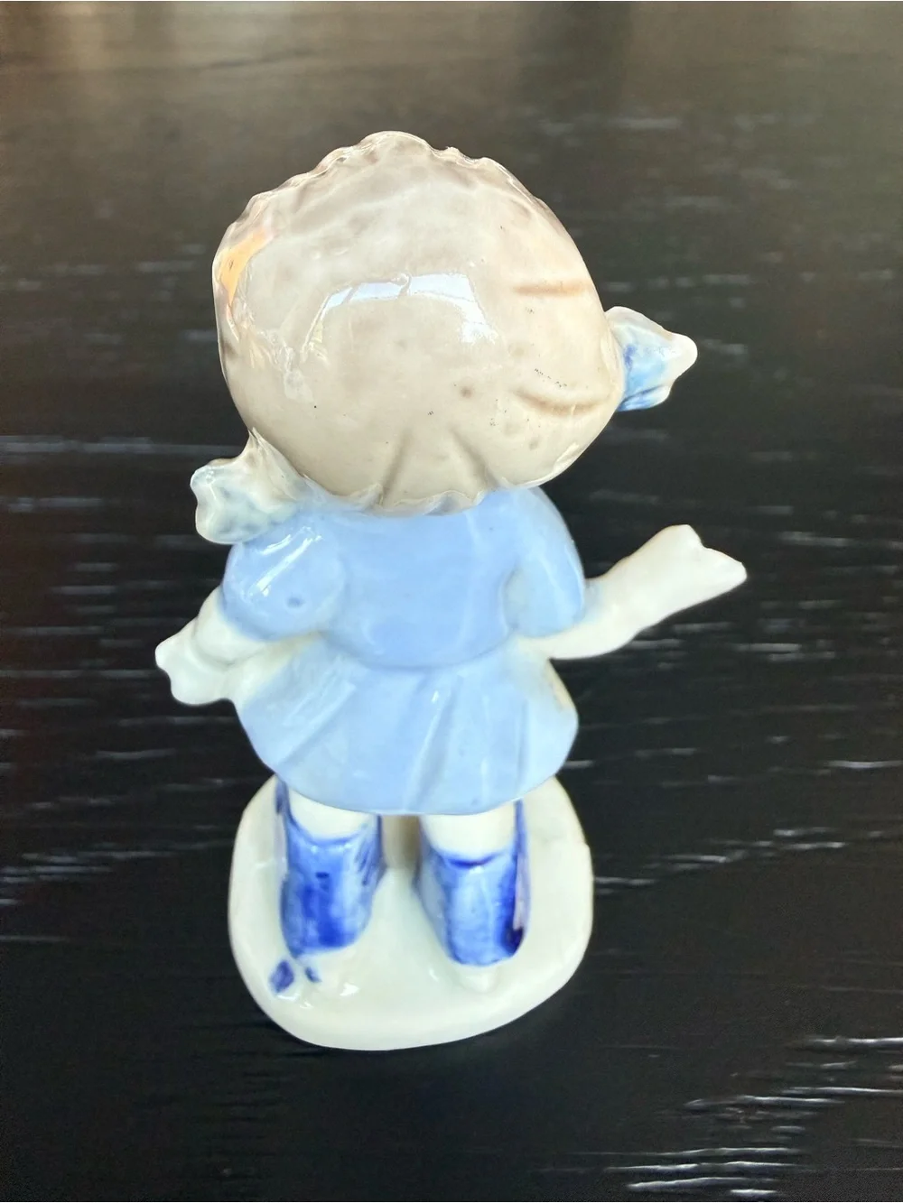 Vintage Hand-Painted Porcelain Girl, Blue Skates, Pigtails Made in Taiwan 4”
